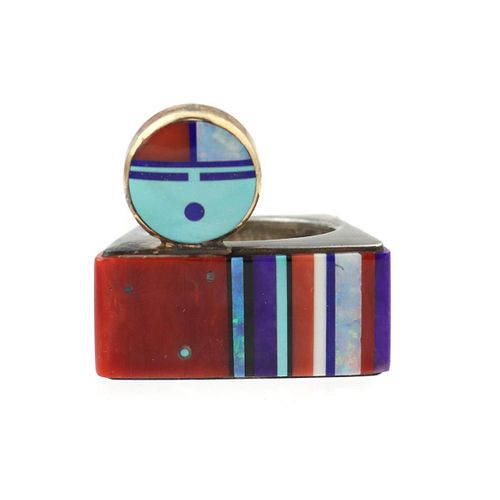 Jesse Monongya (b.1952) - Hopi - Contemporary Multi-Stone Inlay, Gold, and Silver Asymmetrical Ring with Sunface Kachina Design