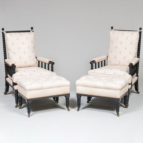 Pair of Victorian Style Ebonized Bobbin-Turned Armchairs and Ottomans