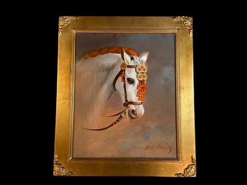 Count Bernard de Claviere, (French, 1934-2016), Oil on Canvas "White Horse with Persimmon Headdress",