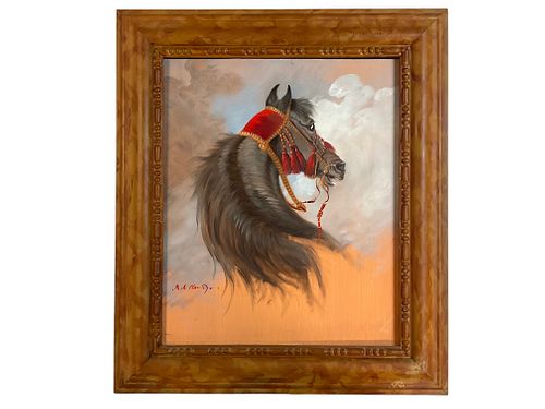 Count Bernard de Claviere, (French, 1934-2016), Oil on Board, Horse with Headdress,
