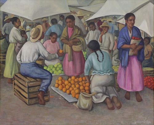 MONTOYA, Gustavo. Oil on Canvas "Mercado" 1958.