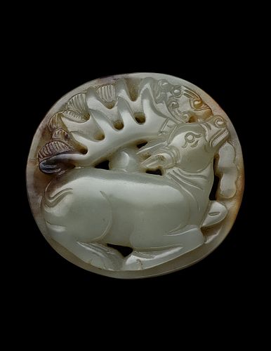 Openwork Pendant Depicting a Deer Facing Skyward with a Bird Perched on His Snout, Qing Period (1644-1912 CE)