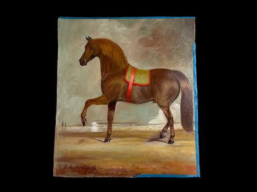 Count Bernard de Claviere, (French, 1934-2016), Oil on Board, "Chestnut Arabian with Green/Persimmon Blanket",