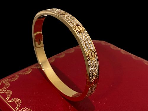 Cartier 18K Rose Gold Diamond-Paved Love Bracelet Size 18