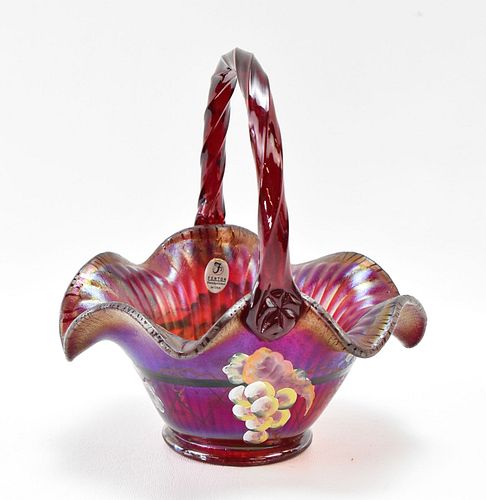 FENTON RUBY IRIDESCENT CARNIVAL GLASS HAND PAINTED BASKET 