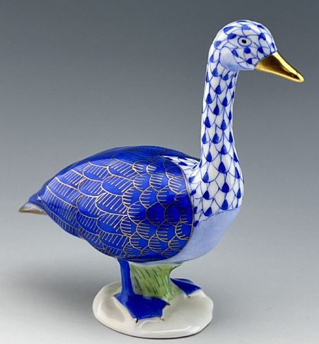 HEREND SIGNED Blue Sapphire Goose Hand Painted Porcelain Figurine.