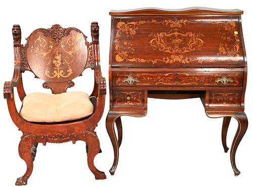 Mahogany Marquetry Inlaid Slant Front Desk and Armchair