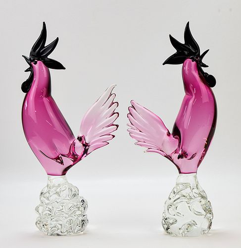 MURANO GLASS ROOSTER SCULPTURES (2)
