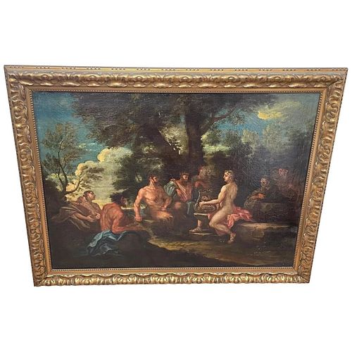 CLASSICAL FIGURES MUSICAL RECITAL & SATYRS OIL PAINTING