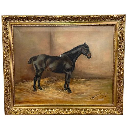 BLACK BAY HUNTER HORSE STABLE OIL PAINTING