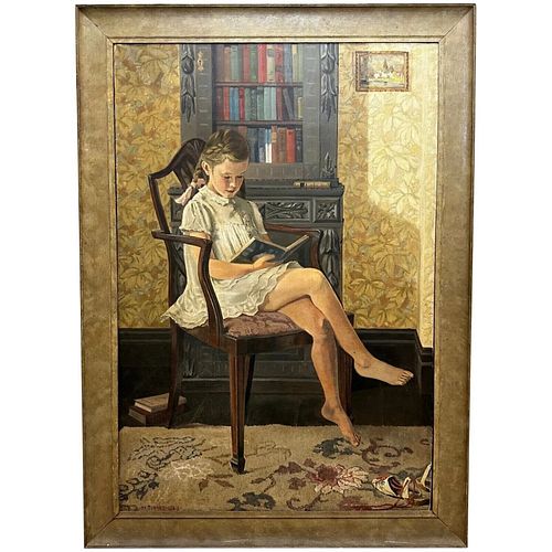 GIRL READING A STORY BOOK OIL PAINTING