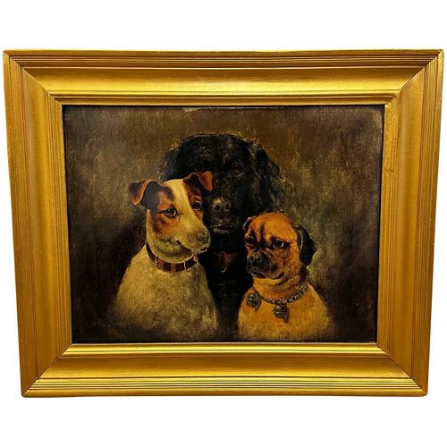  THE THREE GRACES JACK RUSSELL, COCKER SPANIEL & PUG DOGS OIL PAINTING