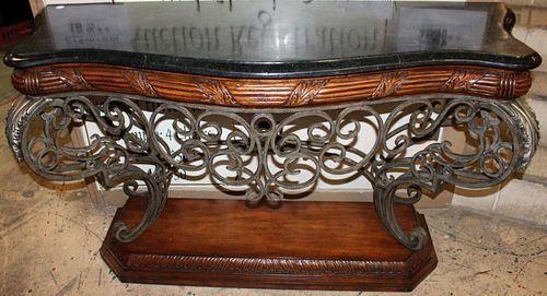Mahogany and scrolled iron console