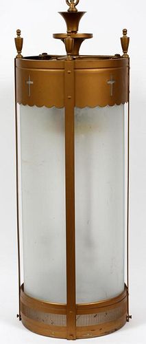 CYLINDRICAL BRASS AND GLASS CHANDELIER CIRCA 1920