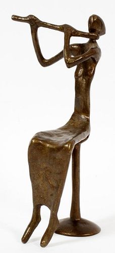BRONZE SEATED FEMALE PLAYING FLUTE