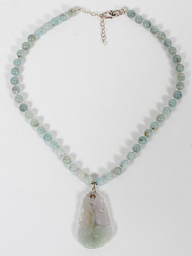 CHINESE LIGHT GRAY JADE PENDENT AND BEADED NECKLACE