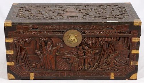 CHINESE CARVED TEAKWOOD BRASS CHEST