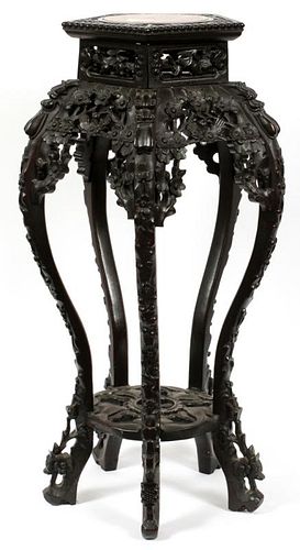 CHINESE OCTAGONAL TEAKWOOD AND MARBLE PLANT STAND