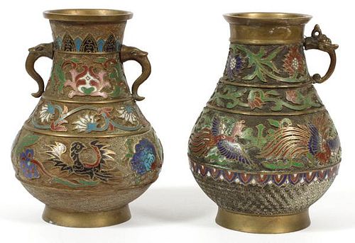 CHINESE DOUBLE HANDLED BRONZE AND ENAMEL VASES PAIR