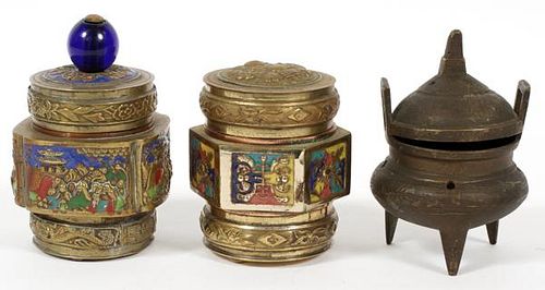 CHINESE ENAMEL ON BRONZE COVERED JARS AND INCENSE