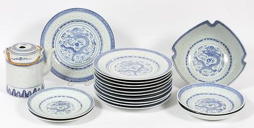 CHINESE DRAGON BLUE AND WHITE PORCELAIN DISHES