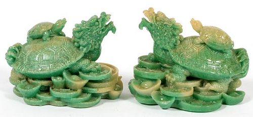 CHINESE TURTLE ON BACK OF TURTLE RESIN FIGURES PAIR