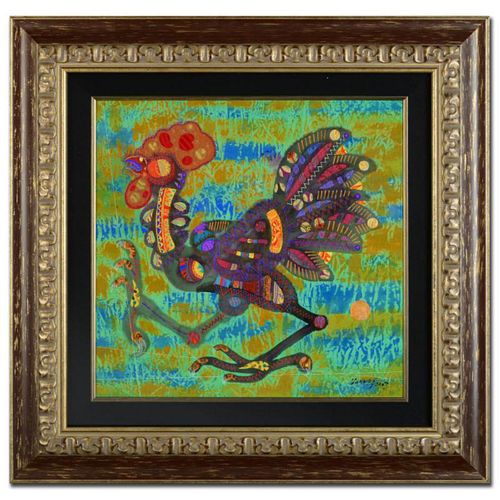 Earth Rooster Original Mixed Media Painting by Renowned Artist Lu Hong, Hand Signed by the Artist with Certificate of Authenticity. Custom Framed and 