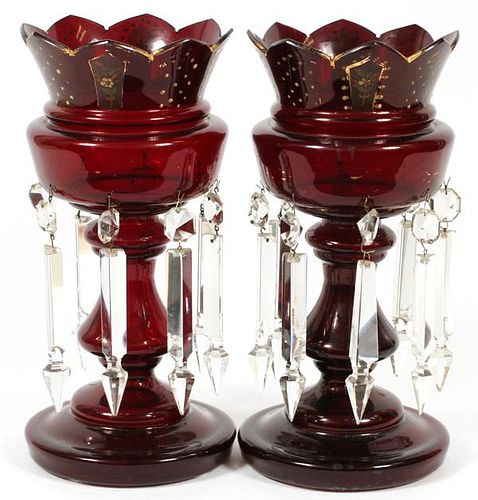 BOHEMIAN RED GLASS LUSTERS PAIR