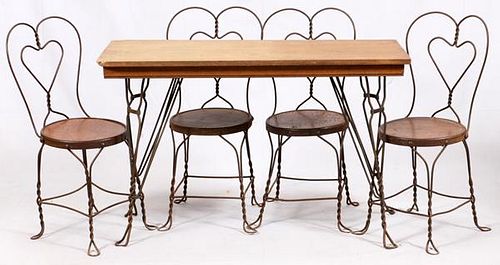TWISTED IRON AND OAK PARLOR TABLE AND CHAIRS