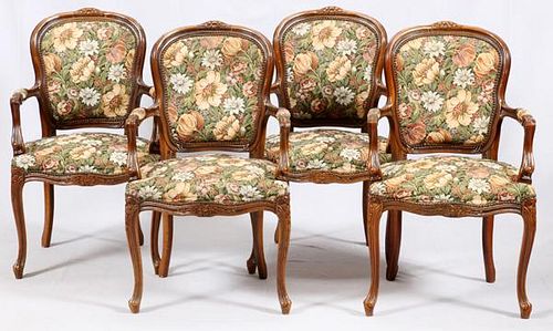 LOUIS XV STYLE CARVED WALNUT UPHOLSTERED ARMCHAIRS