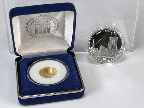 2004 1/4OZ GOLD PROOF $25 9/11 FREEDOM TOWER COIN AND $1 RECOVERED SILVER COIN