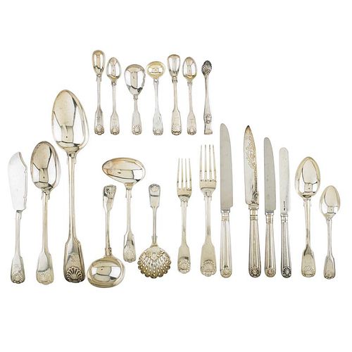 FIDDLE AND SHELL PATTERN ENGLISH SILVER FLATWARE