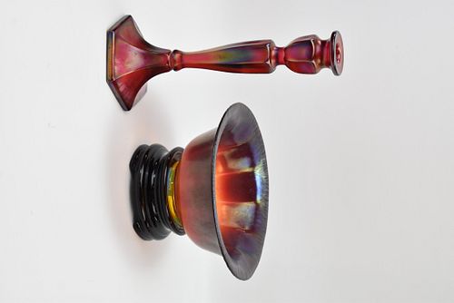 STRETCH GLASS: FENTON BOWL &  CANDLESTICK
