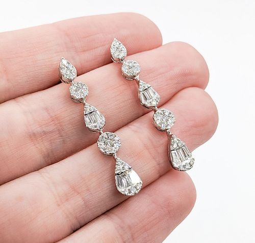 1.25ctw Diamond Dangle White Gold Earrings - 1.3" Drop