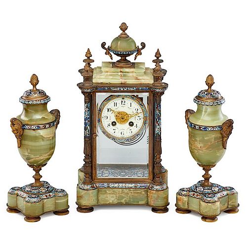 CHAMPLEVE AND ONYX CLOCK GARNITURE
