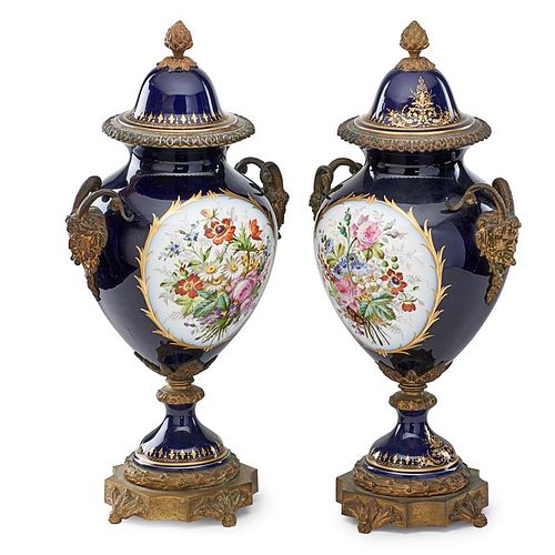 PAIR OF SEVRES STYLE PORCELAIN URNS