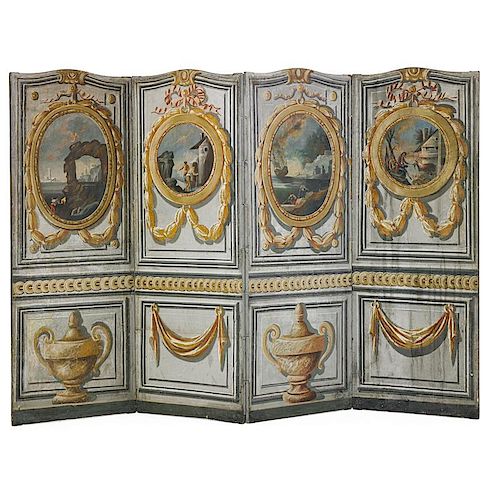 FRENCH PAINTED CANVAS FOUR PANEL SCREEN