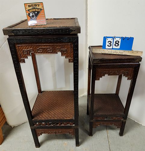 LOT 2 CHINESE CARVED WOOD AND RATTAN 2 TIER STANDS 3'H X 14-1/2"SQ, 28"H X 11-1/2"SQ