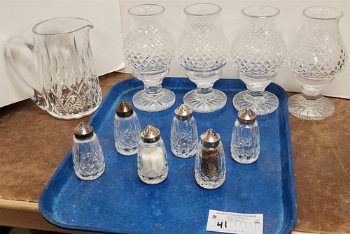TRAY WATERFORD 4 7-1/2" HURRICANE CANDLE HOLDERS, PITCHERS6-1/2", 6 SALT/PEPPER 4"