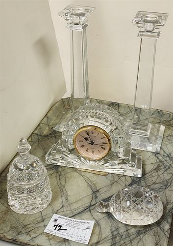 TRAY PR TIFFANY CRYSTAL CANDLESTICKS 10" WATERFORD DRESSER CLOCK 5"H X 7-1/4"W 2"D, BELL 5"H X 2-3/4" DIAM AND TURTLE 1-3/4"H X 4" X 2-3/4" PAPER WEIG