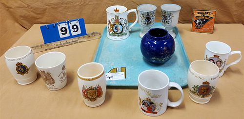 TRAY BRITISH ROYAL COMMEMORATIVE CUPS, MUGS KING GEORGE & QUEEN MARY 1911, KING GEORGE VI AND QUEEN ELIZ EDWARD VIII, PRINCE OF WALES, LADY DIANA, QUE
