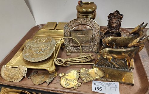 TRAY VINTAGE BRASS PR DECO ANTELOPE BOOK ENDS, DENTHARDWARE CO ASH TRAY, BRASS AND COPPER HUMIDOR, INK STAND ETC