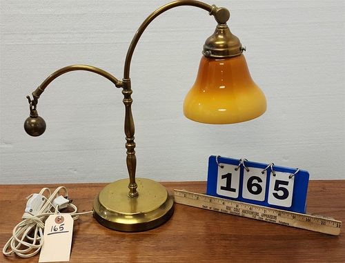BRASS TABLE LAMP W/AMBER SHADE 15"