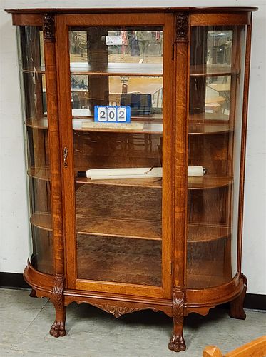 VINTAGE OAK CURVED GLASS CHINA CABINET REFINISHED 64"H X 48 1/2"W X 15"D