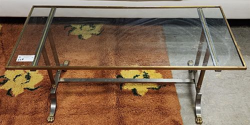 STEEL AND BRASS GLASS TOP COFFEE TABLE 16 1/2"H X 39 1/2"W X 18 1/2"D