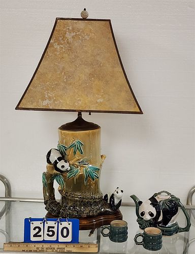 GLAZED POTTERY PANDA LAMP W/ MICA SHADE 31"