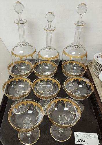 TRAY HAND BLOWN GILT ETCHED GLASSWARE-3 DECANTERS-PR. 12", 1-11" W/ 8 CHAMPAGNES