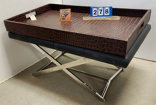 CHROME BASE FOLDING ADJUSTABLE HEIGHT BENCH 19 1/2"H X 41 1/2"W X 24"D W/ FAUX LEATHER SERVING TRAY 4"H X 40 1/2"W X 24 1/2"D