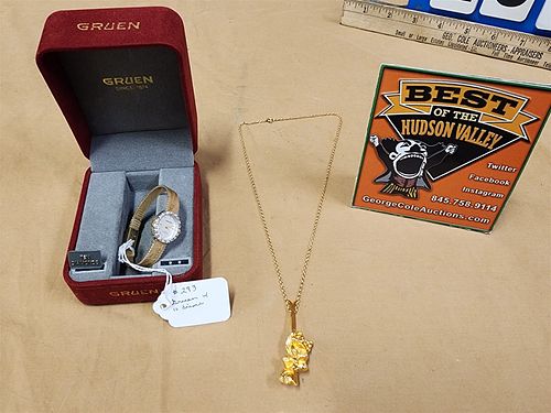 GRUEN ELECTROPLATE LADIES WRIST WATCH W/ 10 DIAMS AND GOLD PLATED NECKLACE