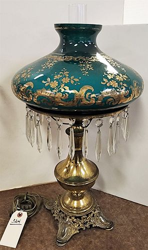 BRASS TABLE LAMP W/ ETCHED & GILT DEC. GREEN CASE GLASS SHADE 24"